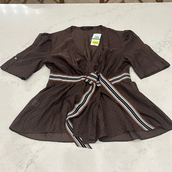 NWT BCBG Maxazria Brown Sheer with Black Polka Dots Tie Around the Waist Top - Picture 1 of 8